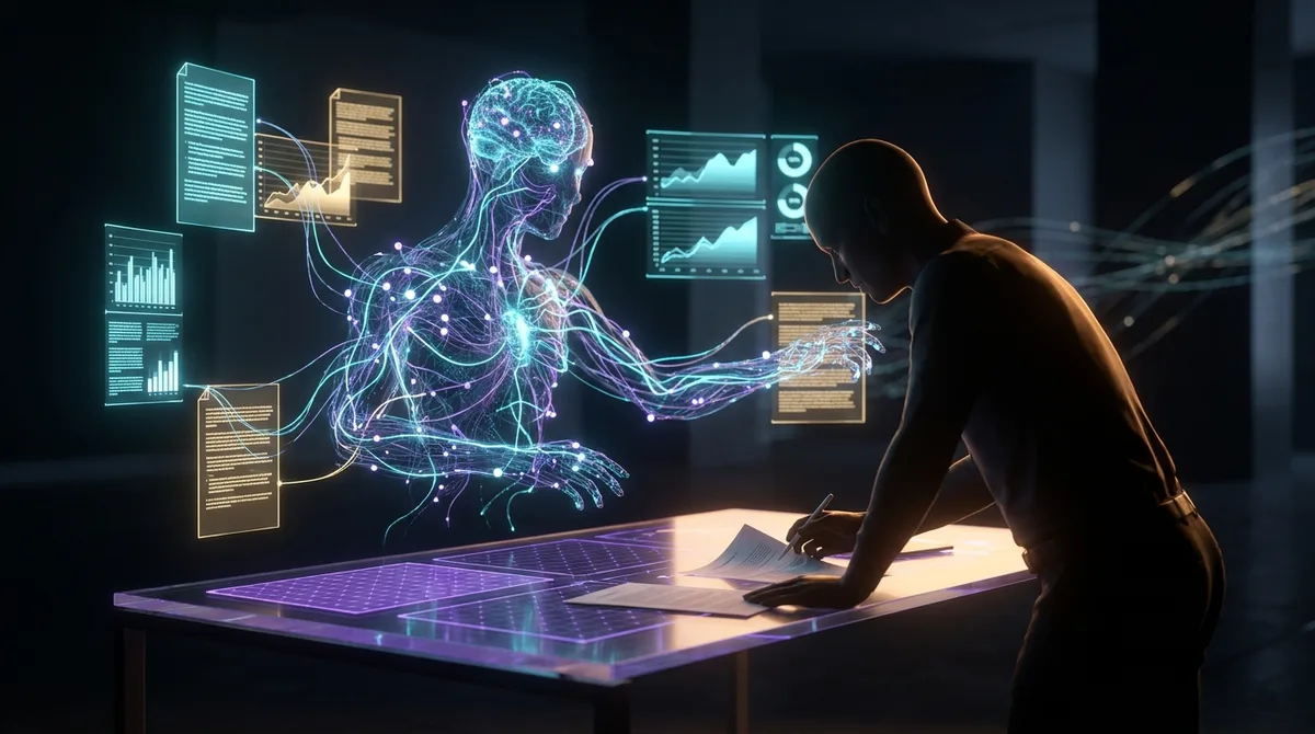 AI Collaboration | CAQA AI A person examines data visualizations representing a human brain and neural network for AI analysis.