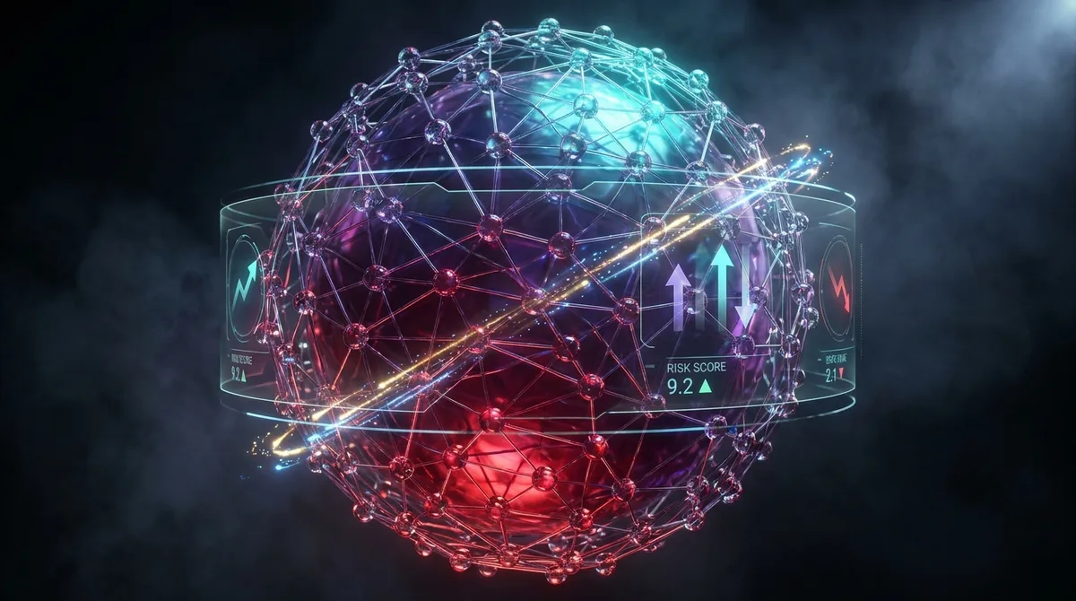 Risk Assessment Neural Visualization | CAQA AI A glowing digital sphere visualizes a network of connections and risk score for ai governance.