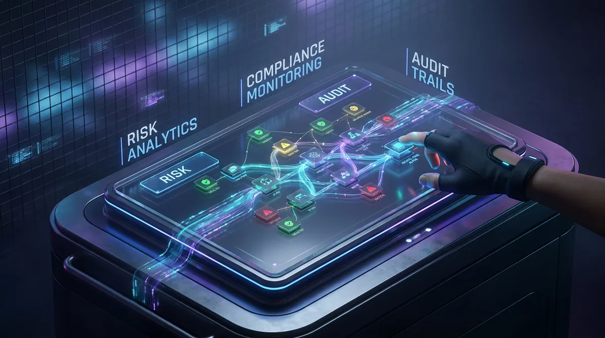 Risk Management | CAQA AI A person uses a digital interface for risk analytics and compliance monitoring, supporting ai governance.